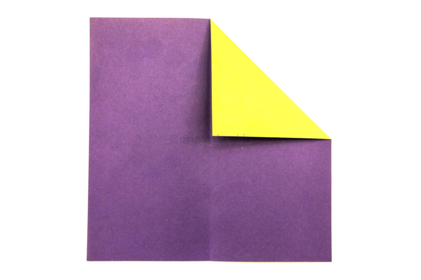 5. Fold the top right corner diagonally down to align with the crease you made in the previous step.