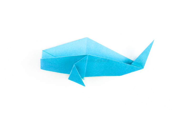 Fold the whale back up. The traditional origami whale is complete!
