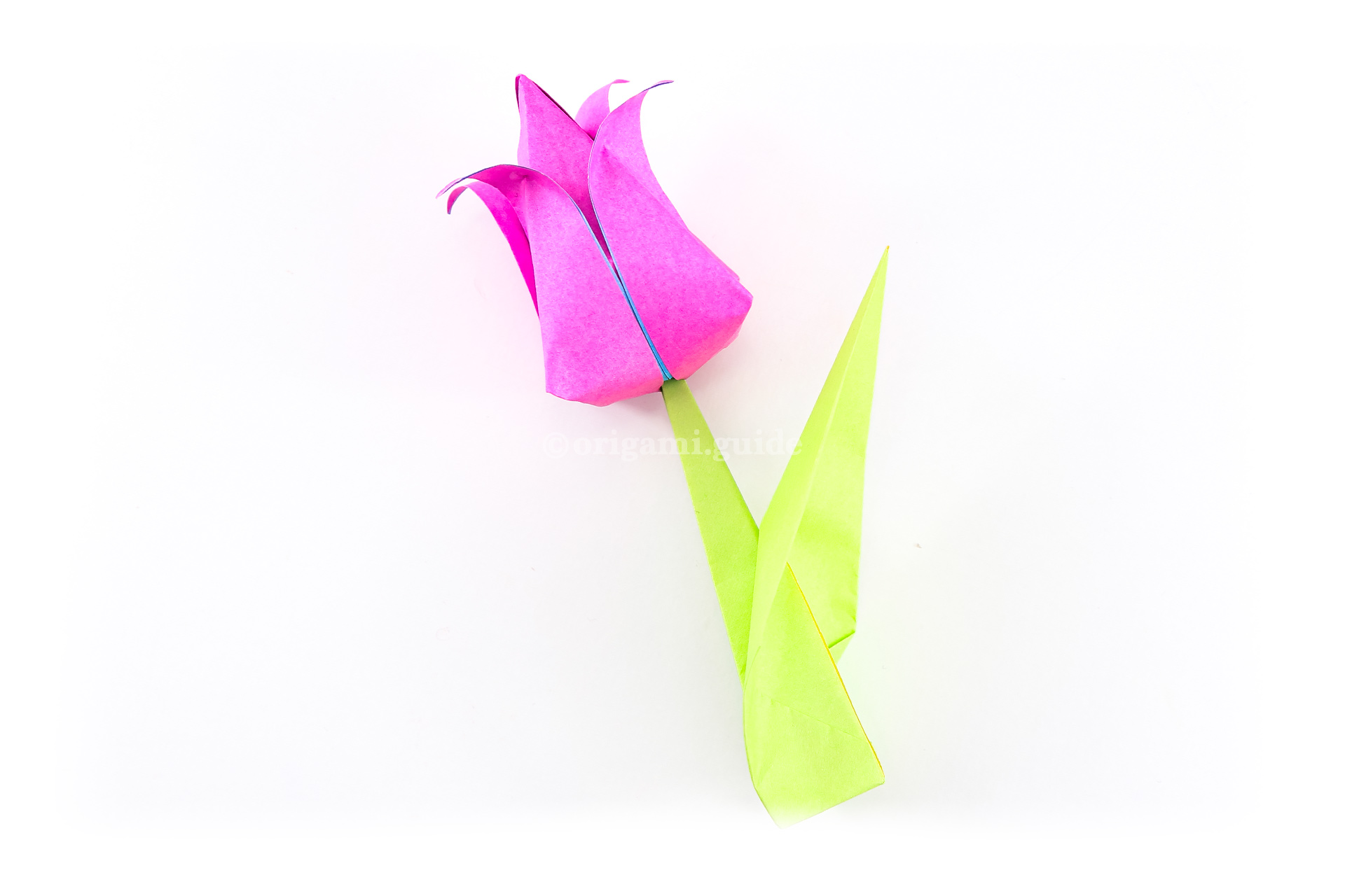Finally you can insert the stem into your tulip flower. If you have trouble standing your tulip upright, you may need to use thinner paper, especially for the tulip. You can also re-position the the leaf to make a better balance.