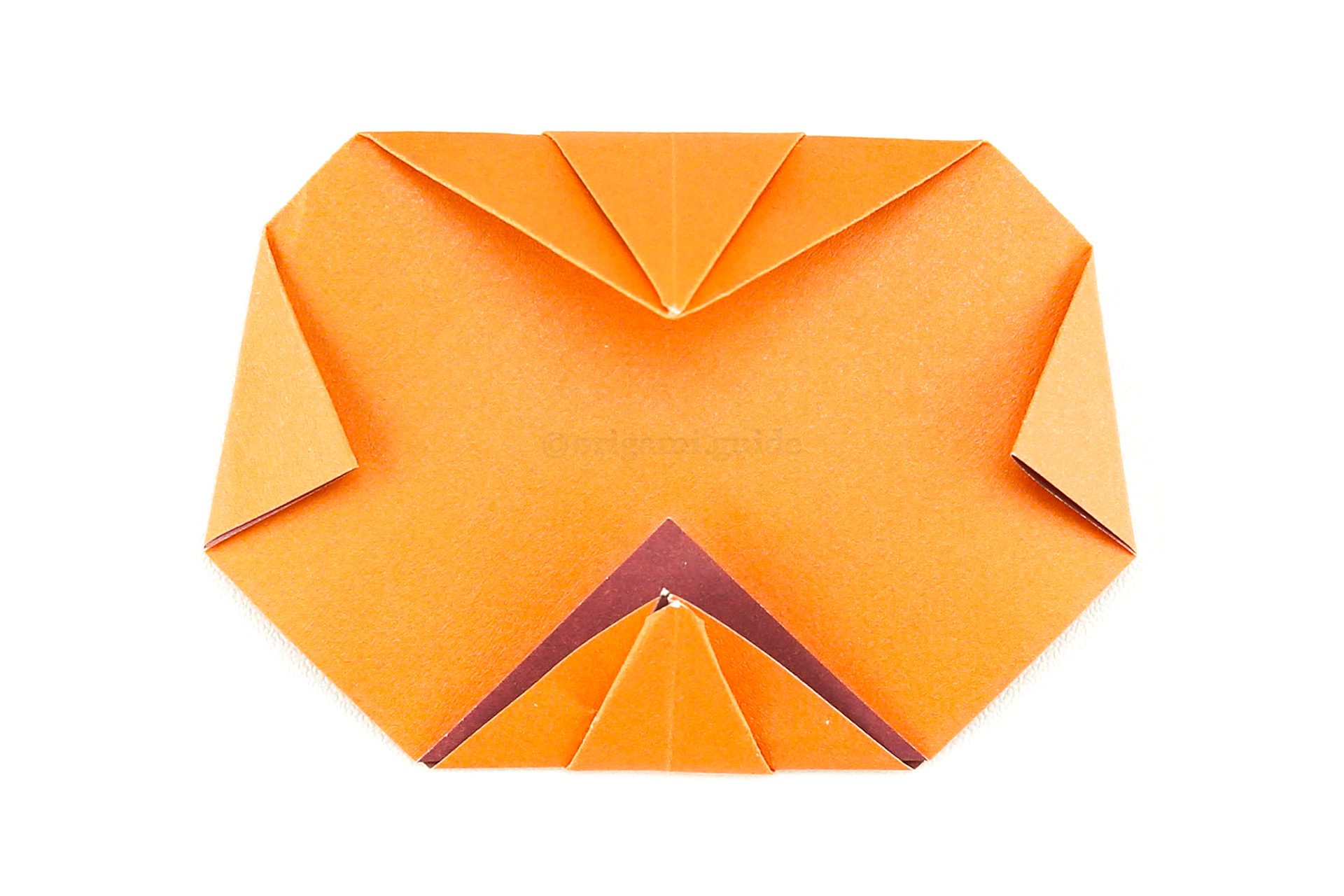 Create the rounded sides by folding the left and right points in a little. Our pumpkin has a wider base.
