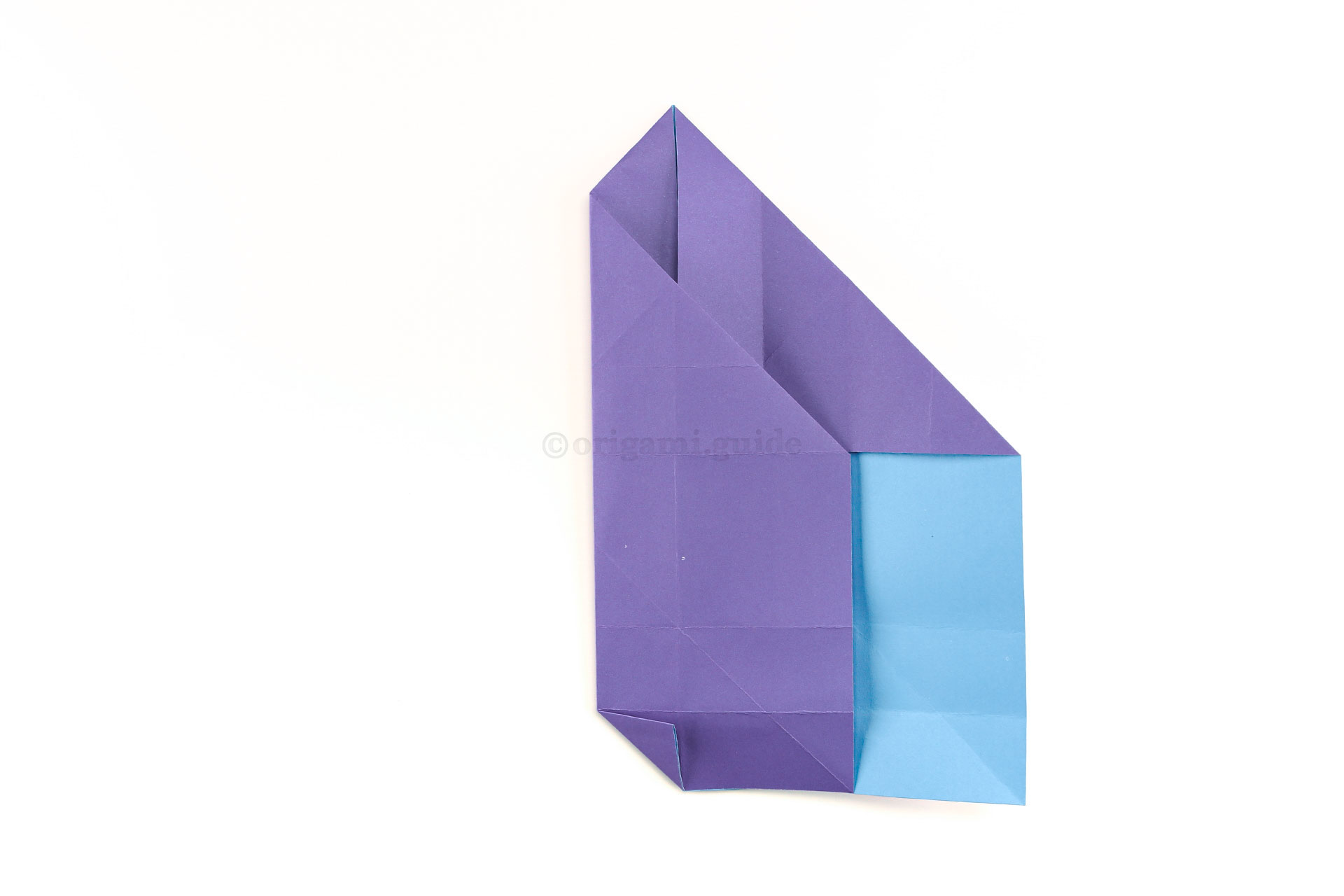 Step 22 - Fold the lower left corner diagonally as shown, creasing well.