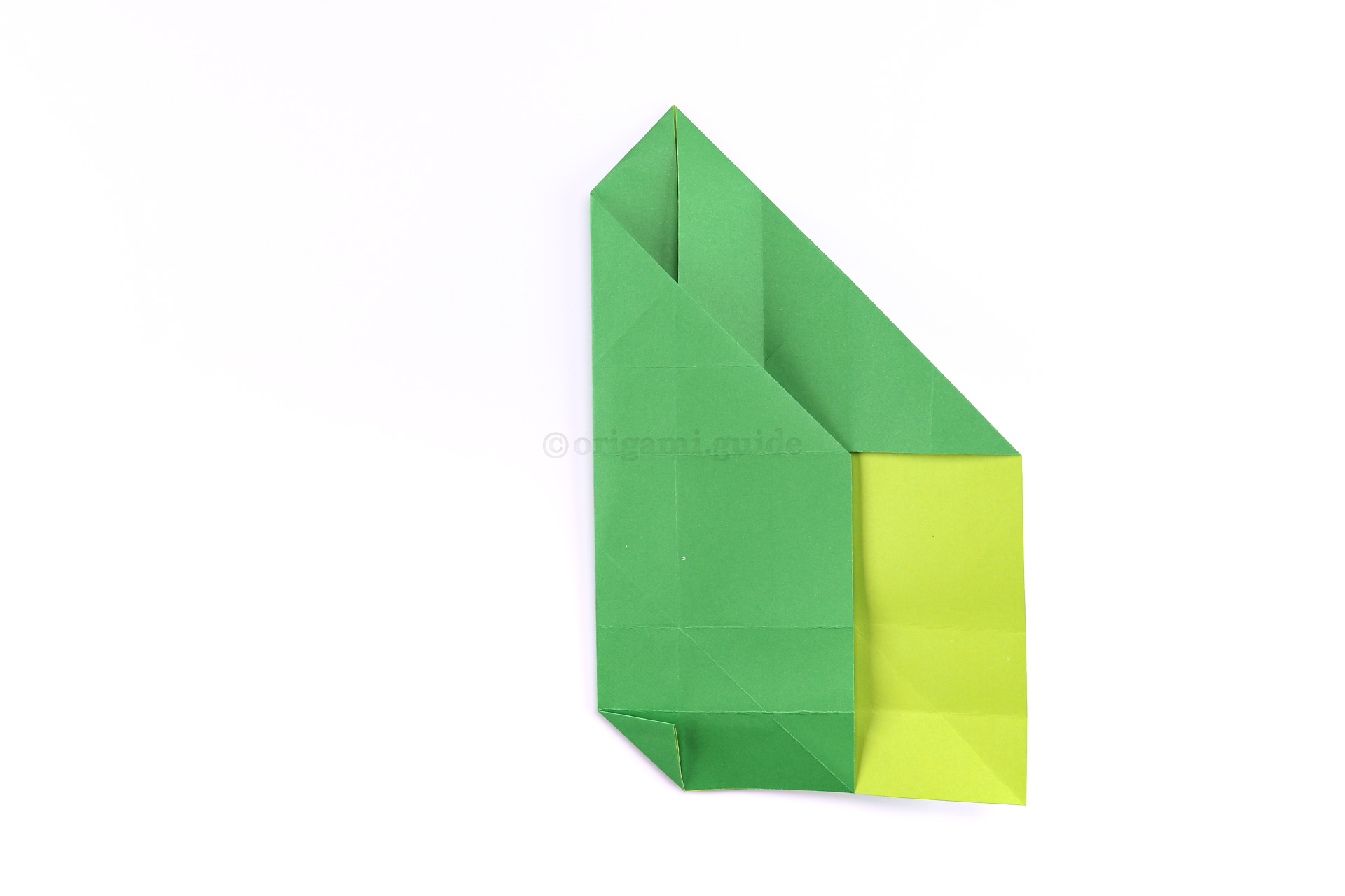 Step 22 - Fold the lower left corner diagonally as shown, creasing well.